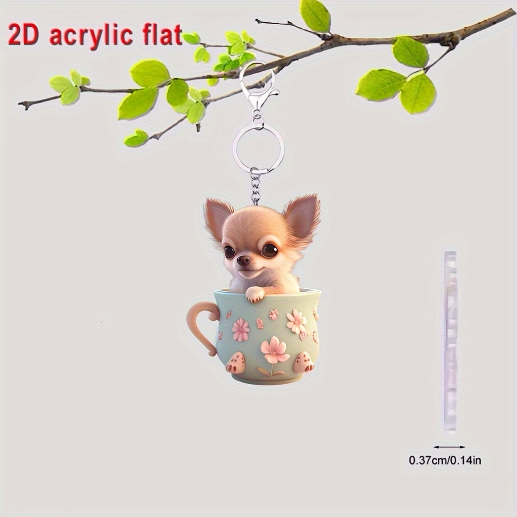 

1pc Cute Tea Cup Chihuahua Dog Keychain, Puppy Decorative Pendant, For Backpack & Car Keys