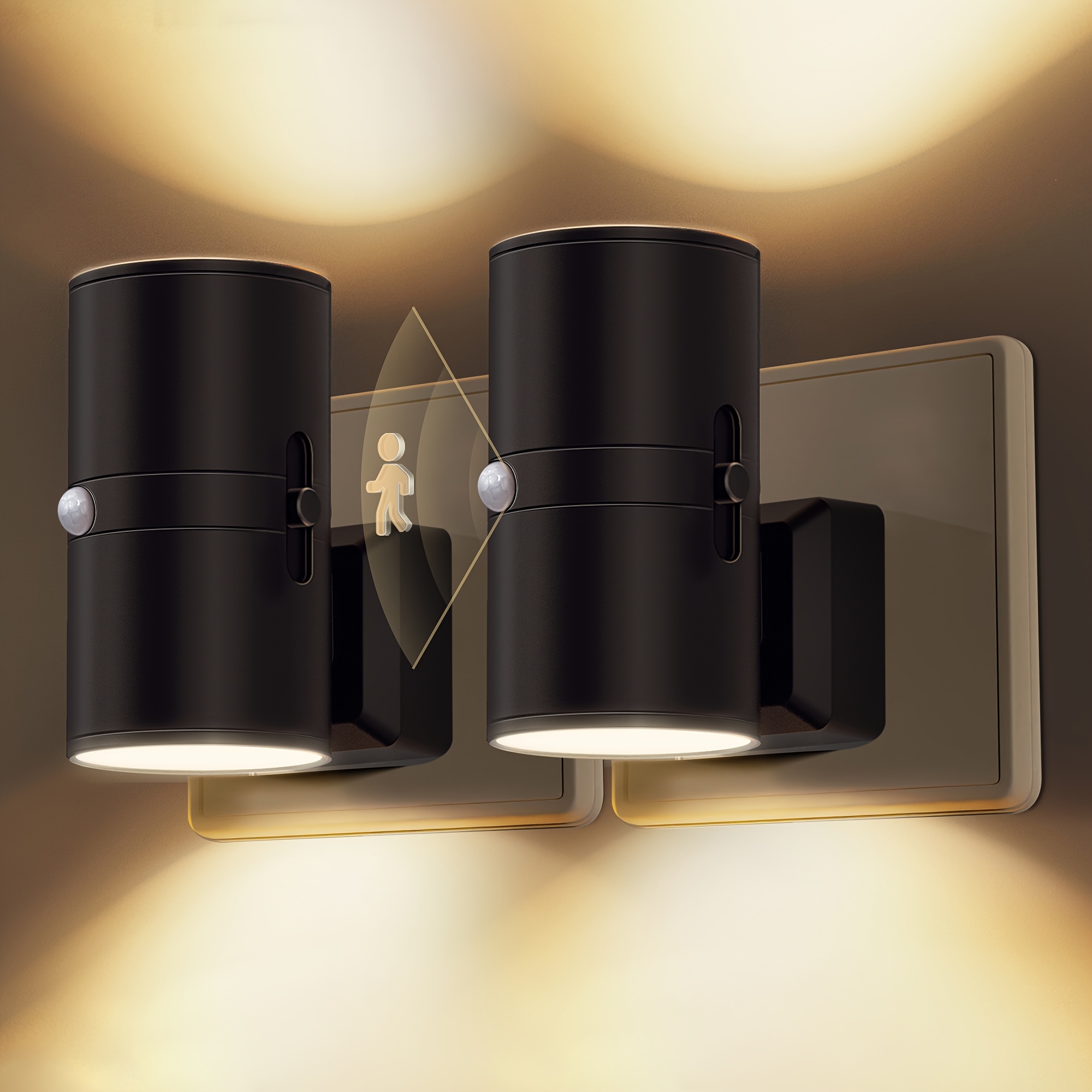 E-shop 2er-Pack Schwarze Nachtlicht-Sockel mit Bewegungssensor, Dimmbare Nachtlampe, 3 (Auto/Ein/Aus), 3000 K Warmweiß, Nachtlicht LED-Sockel für