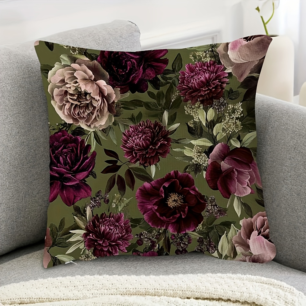 TEMU 1pc Deep Wine Red & Plum Purple Peony Cushion Cover - Modern Short Plush Pillowcase Suitable For Sofa Bed Chair Decor, Zipper Closure, Machine