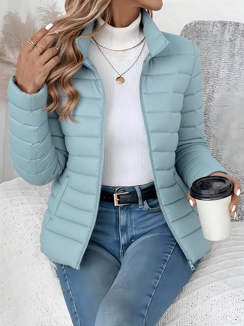 womens spring fit lightweight warm solid color jacket elegant stylish and versatile beautiful jacket stand collar zipper long sleeve casual padded polyester fiber cropped coat seasonal transition jacket high quality classic popular