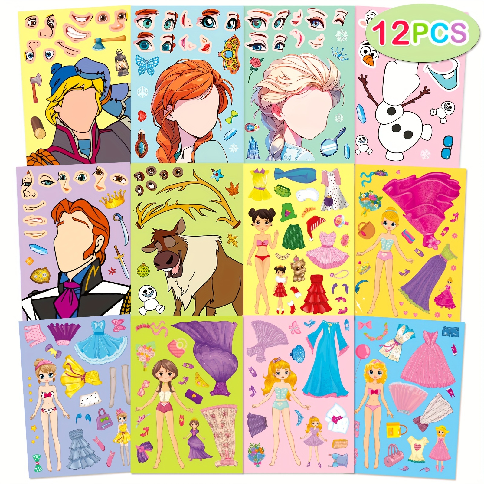 12 Sheets No-repeat Face Stickers, Cartoon Princess Exquisite * Stickers For Party Favors Activities, Cartoon Stickers For Teens And Adults, DIY Make A Face Stickers Mixed
