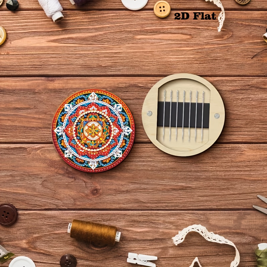 TEMU 1pc, 2d Flat Printing, Diamond Painting Kit, Mandala Pattern Painting Design, Sewing Machine Themed Magnetic Needle Box Storage - Wooden Needle