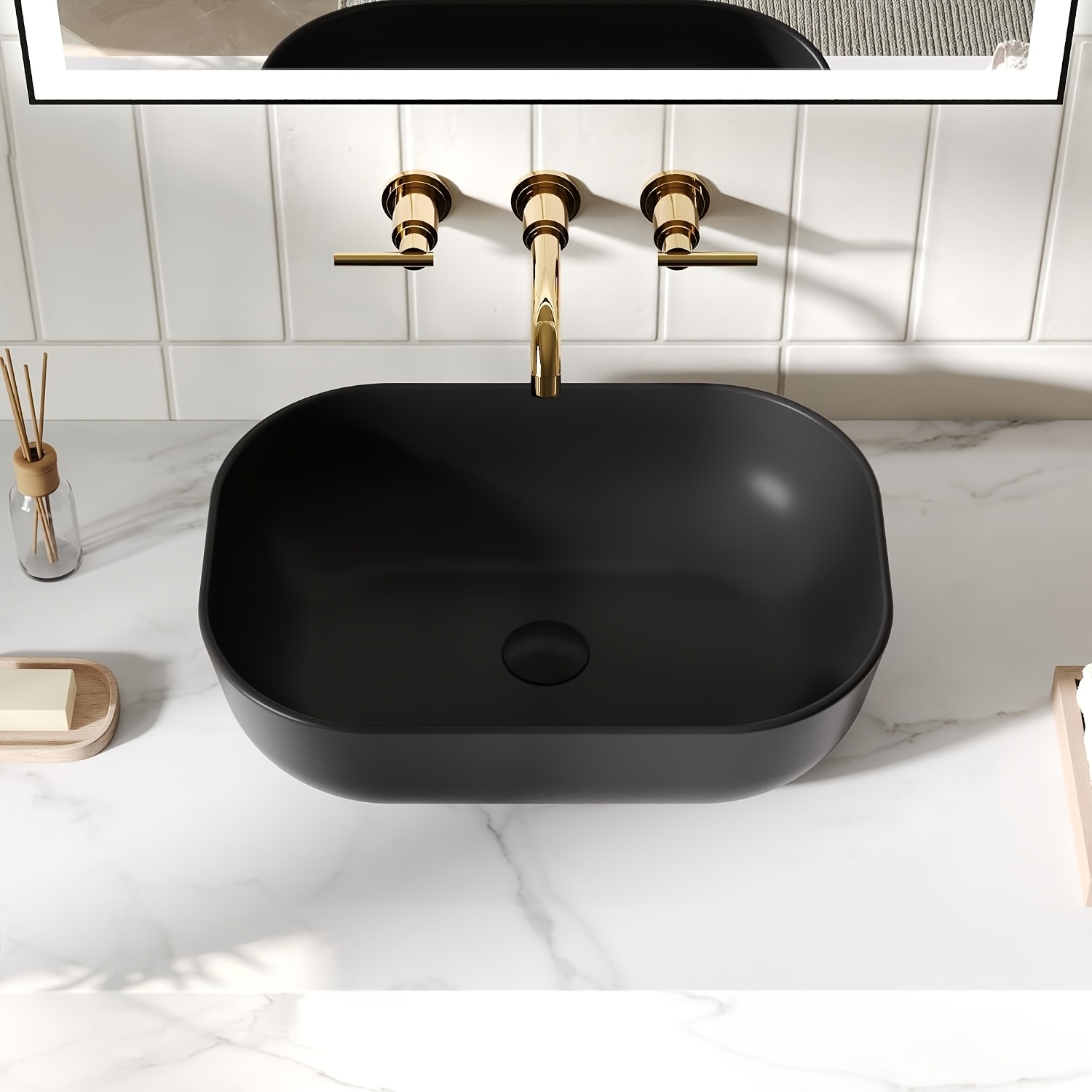 Deervalley Countertop Basin, Black Oval Vessel Sink, Above Counter Wash Basin, Modern Bathroom Sink, Table Top Basin, Large Hand Wash Basin For Bathroom, , & Guest Wc, 50 X 40 X 14.5cm
