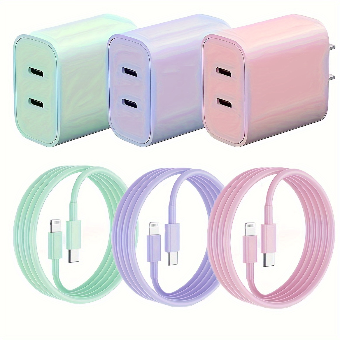 Chargeur Rapide 20W USB-C Pour IPhone 16/15 - Lot De 2 Avec Câbles 2m - Violet Et Bleu - Compatible IPad, Samsung - 6