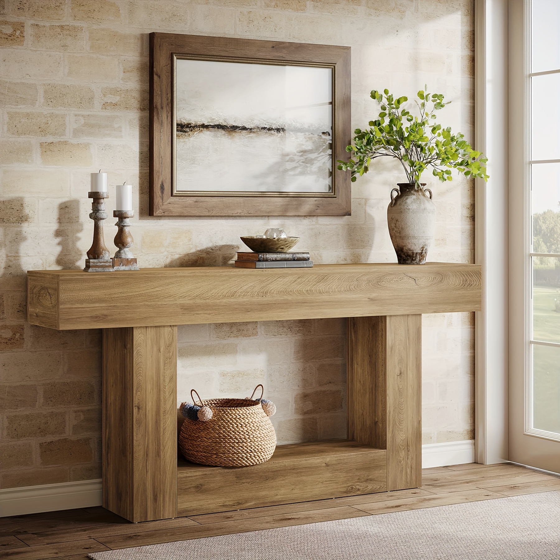TEMU Mesa de consola de 2 niveles estilo de 63 pulgadas de largo, mesa de sofá de madera detrás del sofá con almacenamiento (marrón )