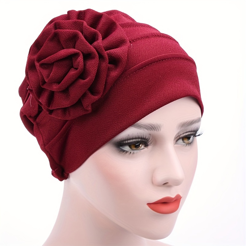 

Elegant Polyester Turban Hat For Women - 100% Polyester Knitted Cap With Floral Side , Stretchable Headwear For Wedding And , Hand Washable - Pack Of 1