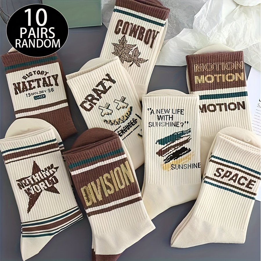 TEMU Random 3/5/8/10-pair Men's Mid-calf Socks, Versatile Long Socks, Trendy Athletic Street Style Basketball Socks, Vintage , High-value Socks For