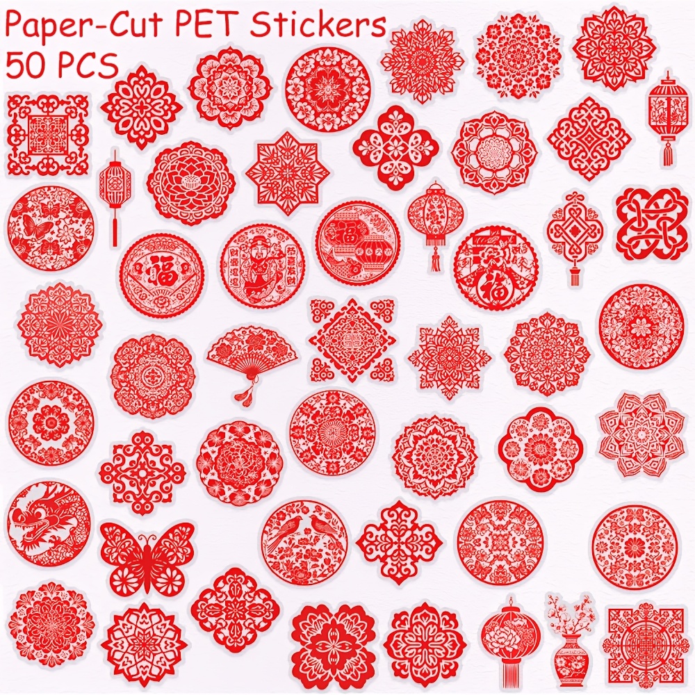 50pcs Paper-cut Transparent Pet Stickers Decals For Windows Wall Refrigerator Door Room Aesthetic Stickers Creative Festival Gifts