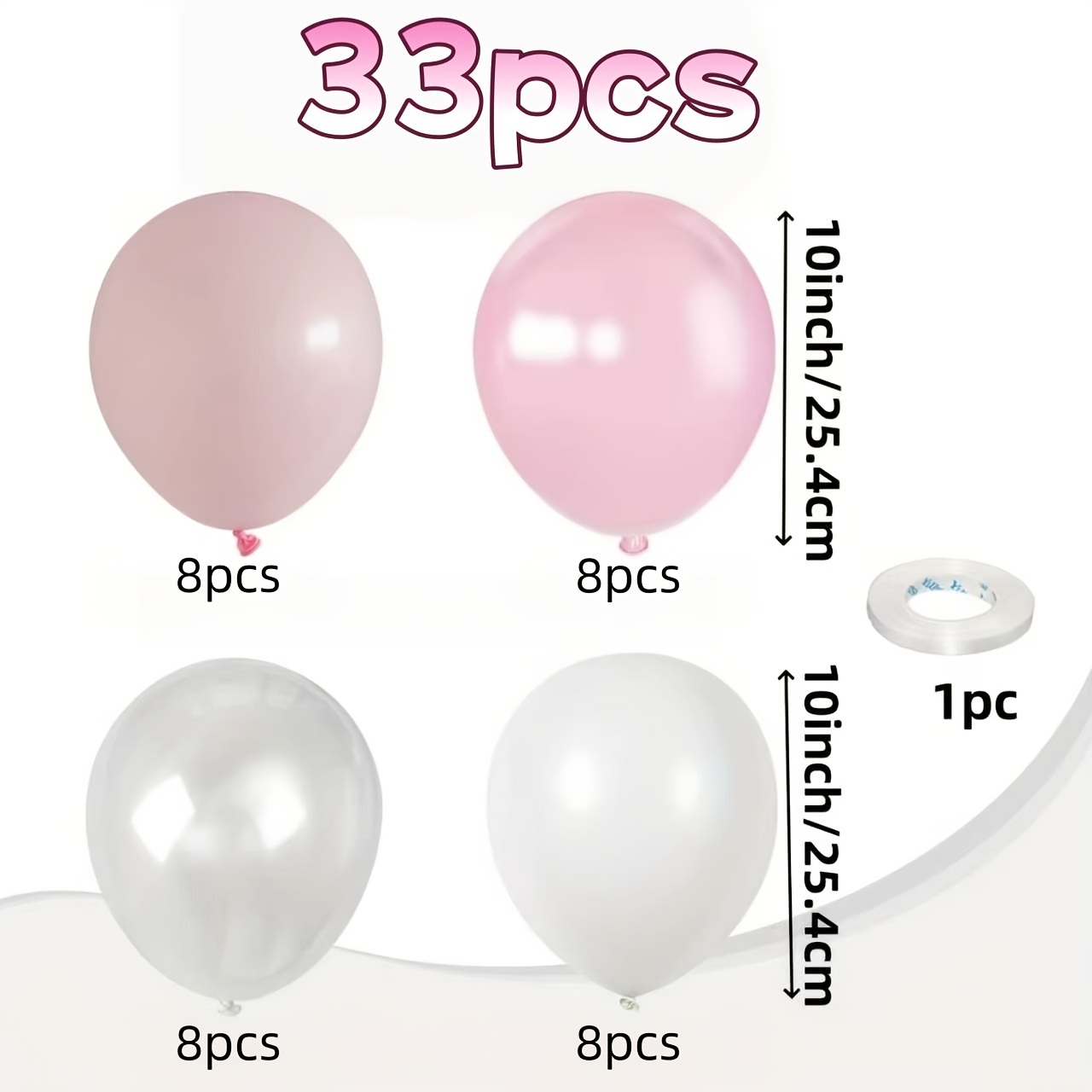 TEMU Fotografie-Requisiten 33-tlg. Latex-Luftballon-Set in Rosa, Weiß Perlweiß, inklusive einem weißen Band, für stimmungsvolle Requisiten in der