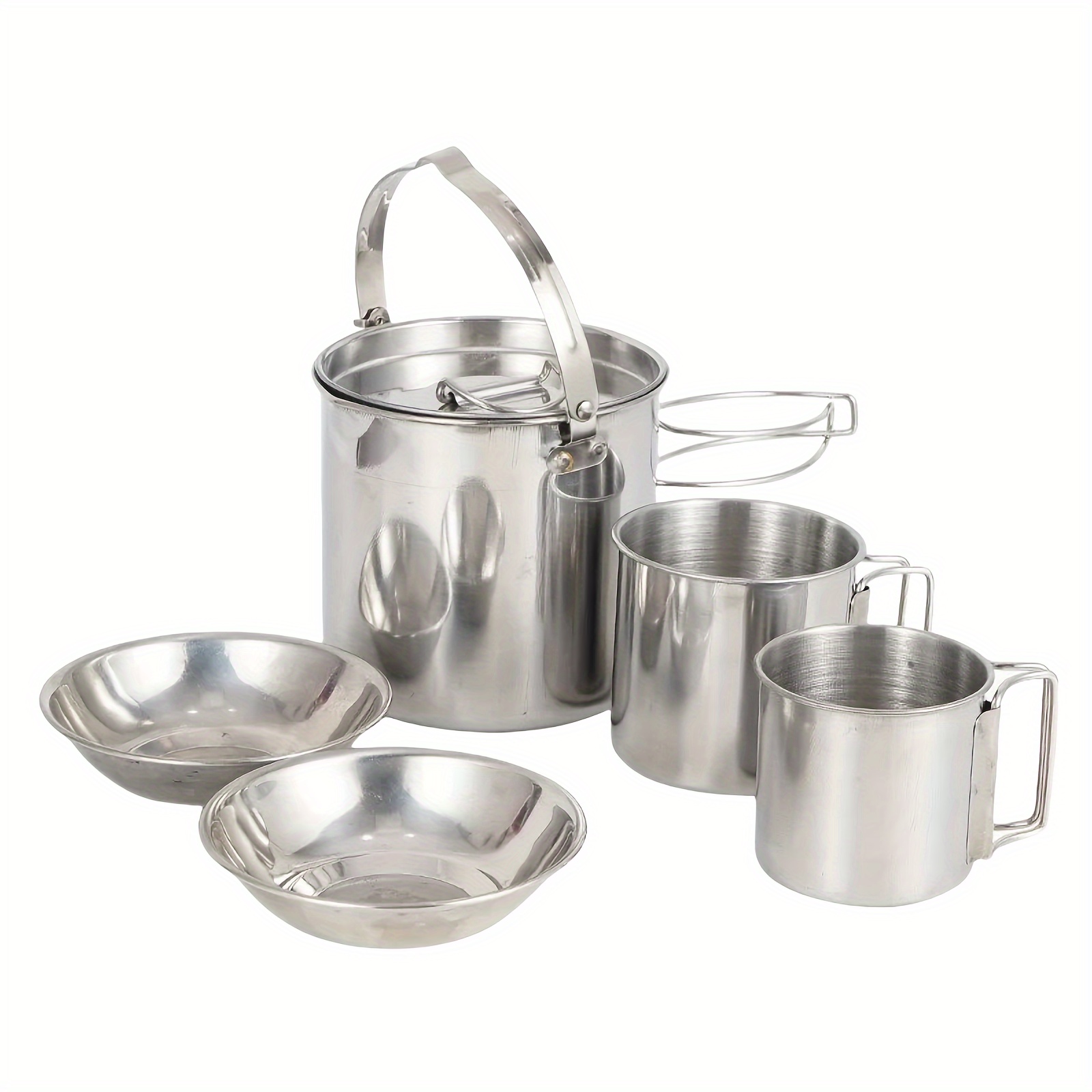 Image of 5pcs Stainless Steel Outdoor Kettle Cup Bowl Set, Portable Camping Hiking Kettle Cup Bowl Set, Camping Hanging Pot Cookware Picnic Set, Self-driving Outdoor Kettle Set