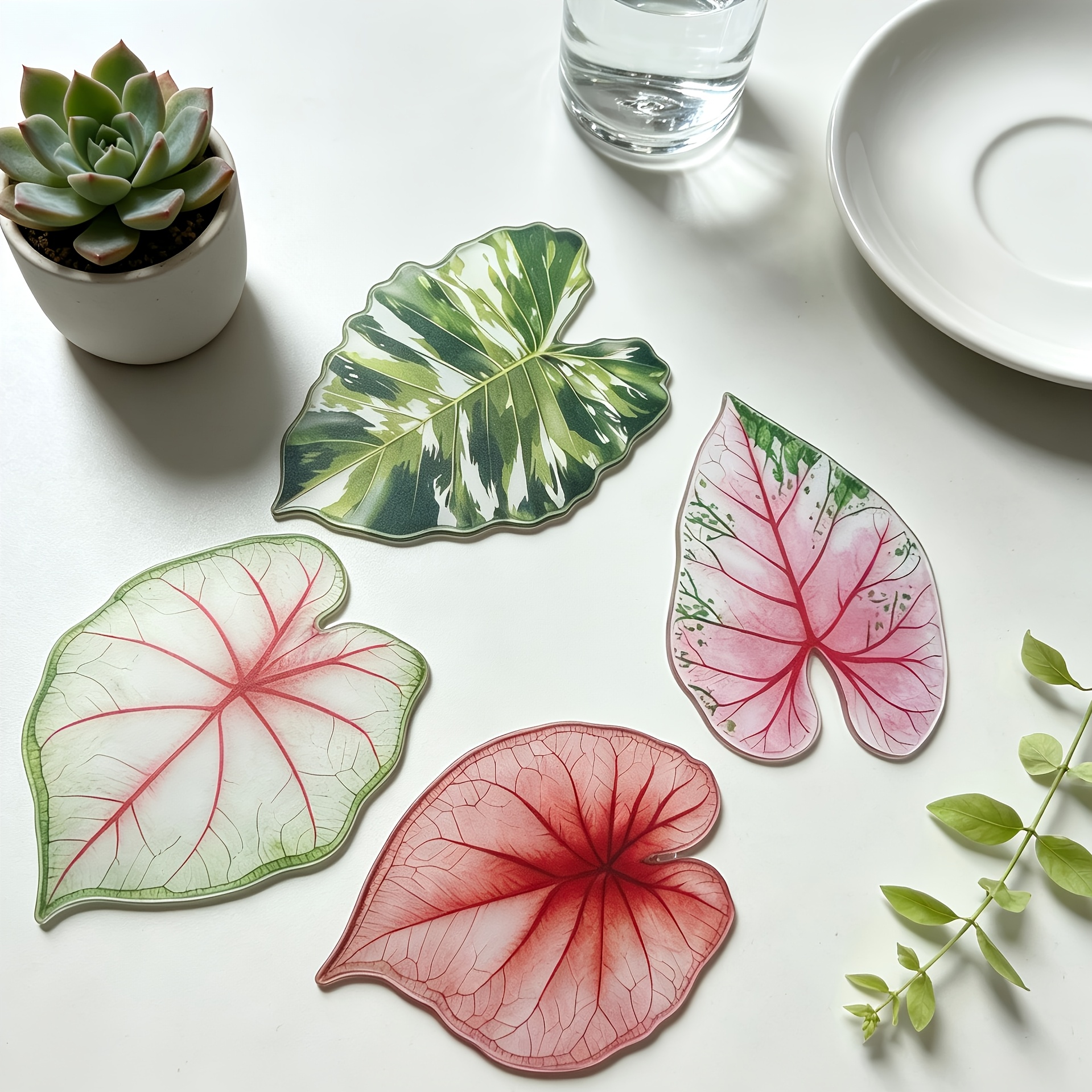 TEMU 2d Flat 4pcs Set Of Stylish Tropical Leaf Pattern Acrylic Coasters, Non-slip, Heat-resistant, And Easy To Clean. Coffee Cup Coasters, Colors And