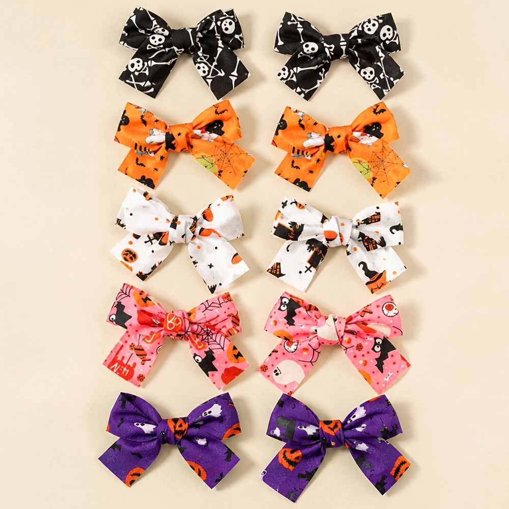 TEMU 10pcs Halloween Fabric Bow Hair Clips For Women Pumpkin Bat Printed Tail Bows Hair Barrettes For Holiday Cosplay Party Hair Additions Gift