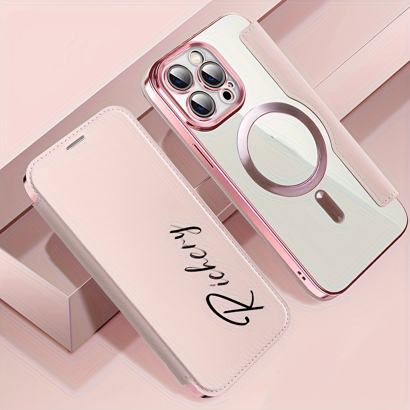 TEMU Personalized Letters Name Faux Leather Magnetic Flip Cover Holster Phone Case For Iphone 17 16 15 14 Plus 13 12 11 Pro Max 17 Pro Max Magnetic