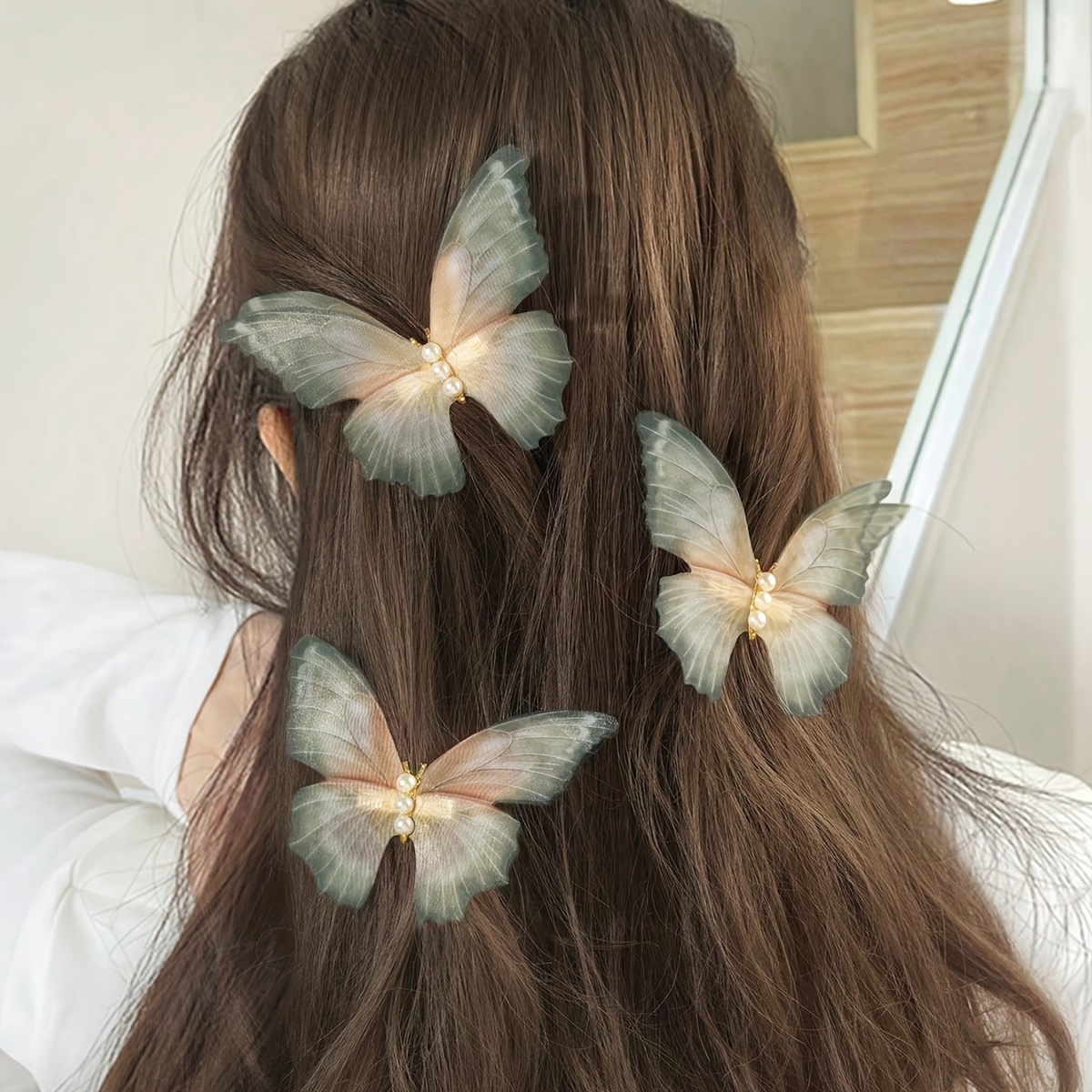 TEMU 3 pinzas para el cabello de tul, mariposas etéreas y elegantes para mujer, accesorios para fotos, pinzas de perlas para fotos, pinzas para el