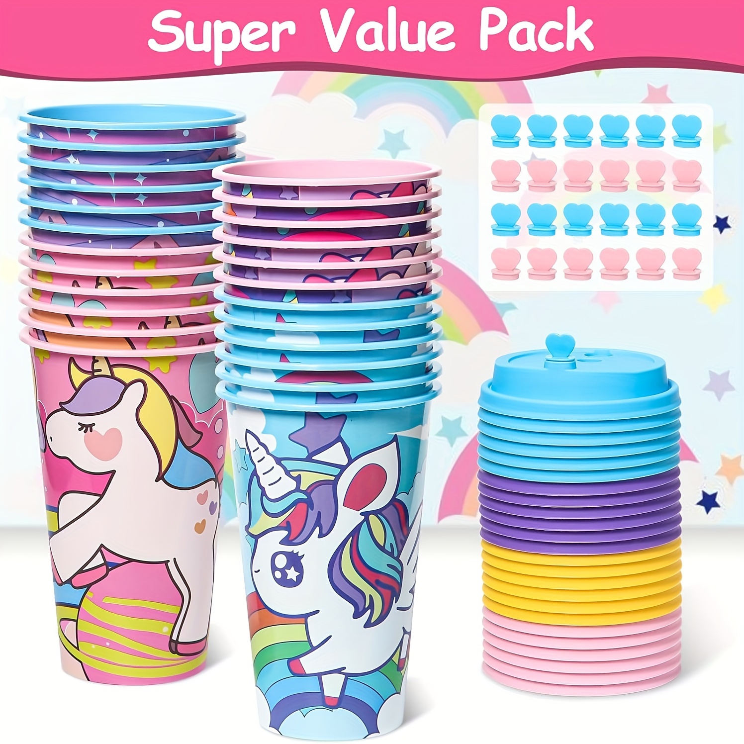 TEMU 24 Pack Party Favors Goodie Cups, Birthday Party Cups In , 16oz Reusable Rainbow Plastic Party Supplies Decorations Cups With Lids Plugs