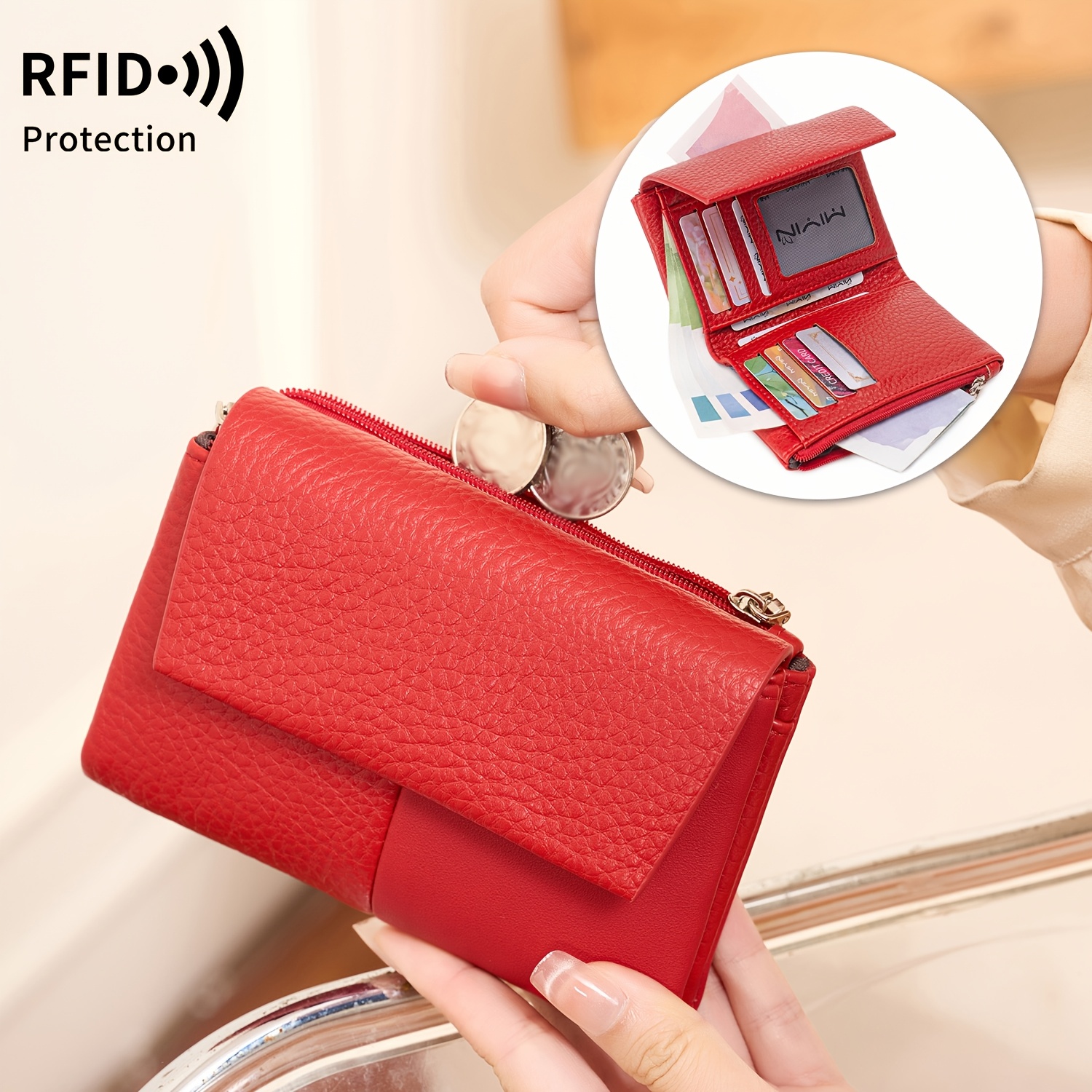 TEMU Women's Retro Rfid Blocking Short Wallet, Simple Lychee Pattern Wallet, Magnetic Seal, Compact Wallet For Cash/card/id Card, Minimalist Card Bag