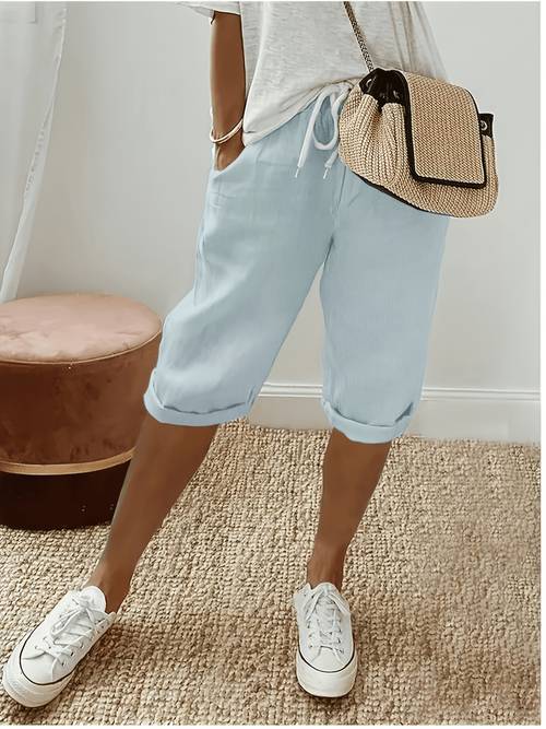 item picture drawstring pocket solid color spring autumn fashionable casual capri straight leg pants