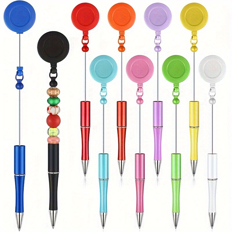 

10pcs Retractable Badge Reel Beadable Pens Diy Black Ink Ballpoint Pull Clip Pen For Waitress Nurse Office Worker Teacher School Classroom Gift Supplies