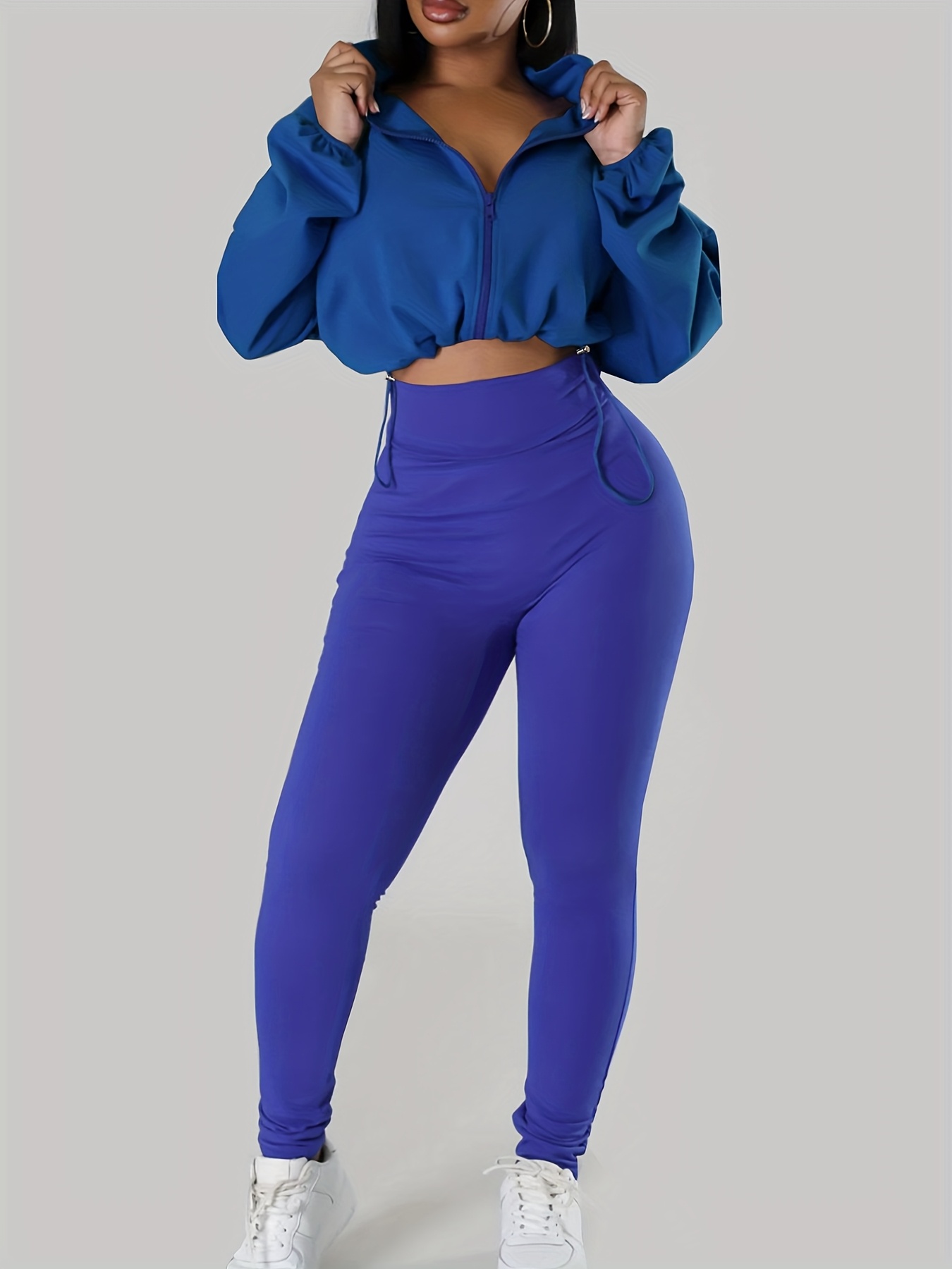 캐주얼 블루 지퍼 후드 & 하이웨이스트 레깅스 - 신축성 및 편안함, 봄/가을에 완벽