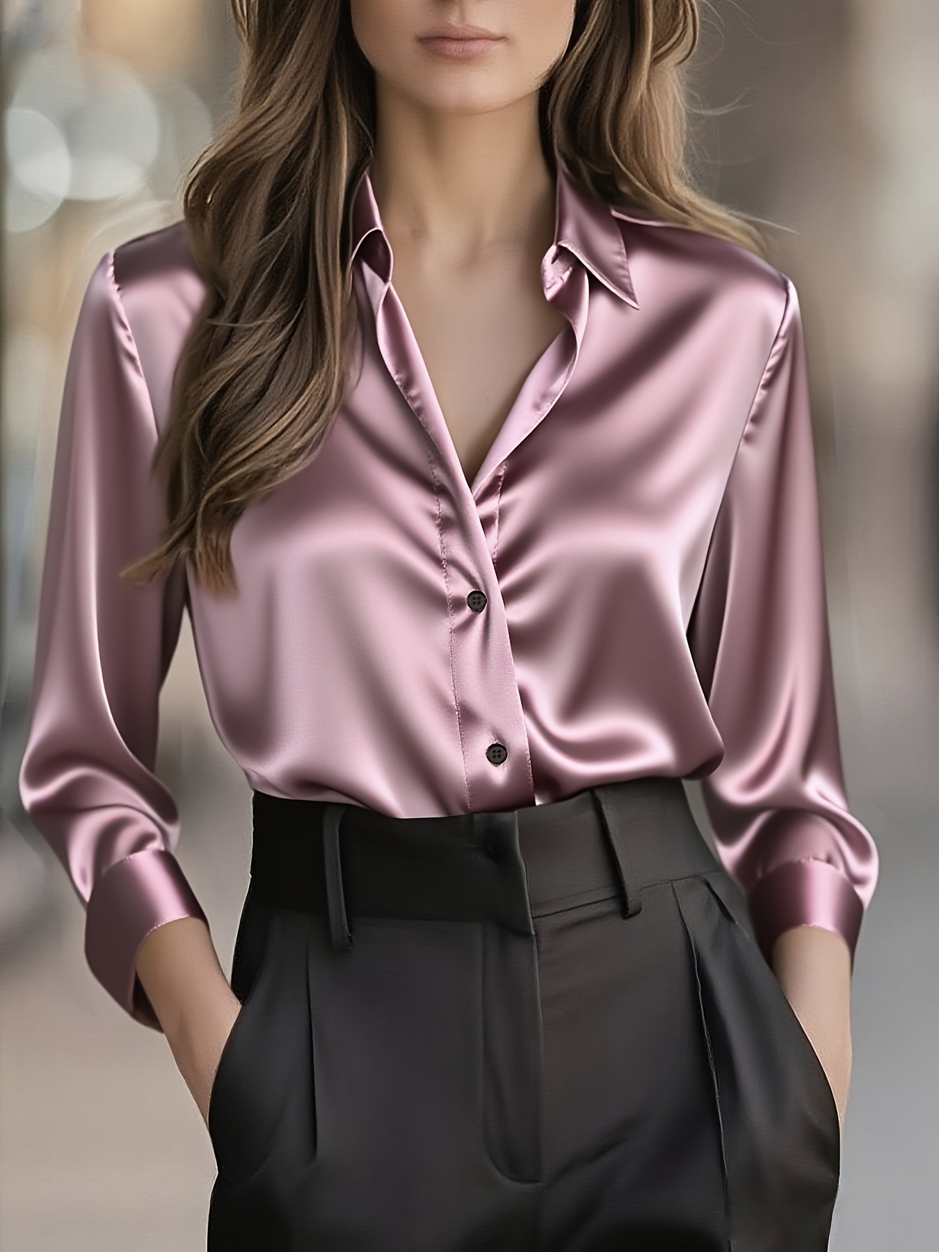 Elegant Solid Color Satin Blouse for Women | Spring/Fall Season, Long Sleeve, Single Breasted, Regular Fit
