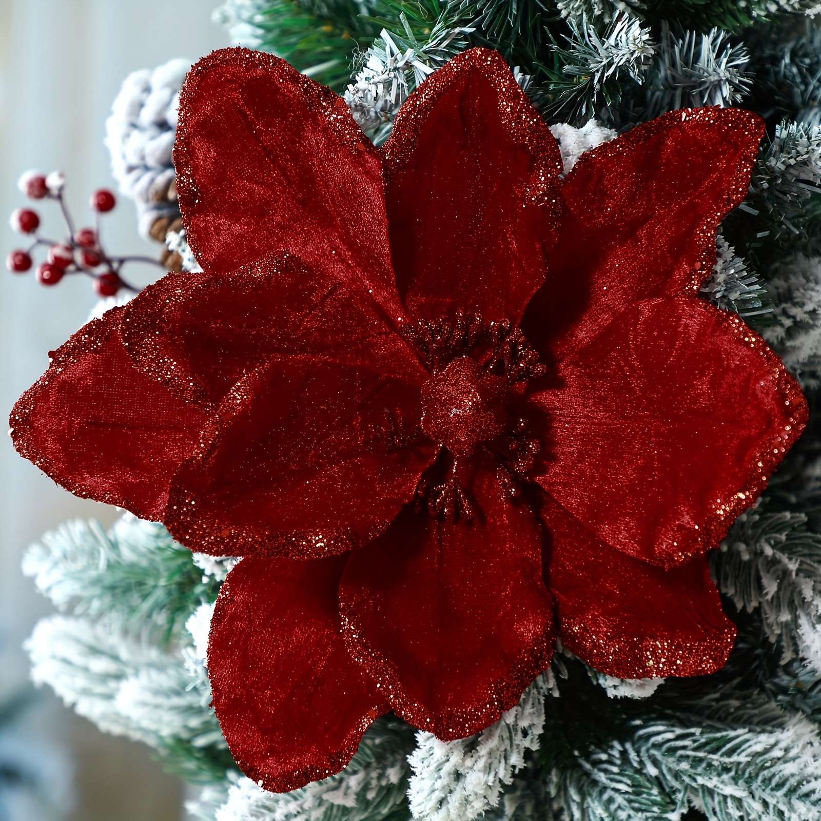 TEMU 8pcs Large Christmas Flower Magnolia Christmas Tree Decoration Artificial Poinsettia Stems Velvet Ornaments For Tree Table Decor Party Favors