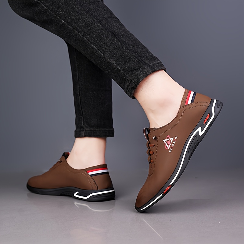 [Men's Breathable Sneakers] Men's Breathable Casual Sneakers - Trendy Slip- Shoes with Rubber Sole, PU Upper & Inner Lining, Round Toe, Low-Top Design for All Seasons, Brown, Allseason Shoes | Sporty Casual Shoes | Comfortable Lining