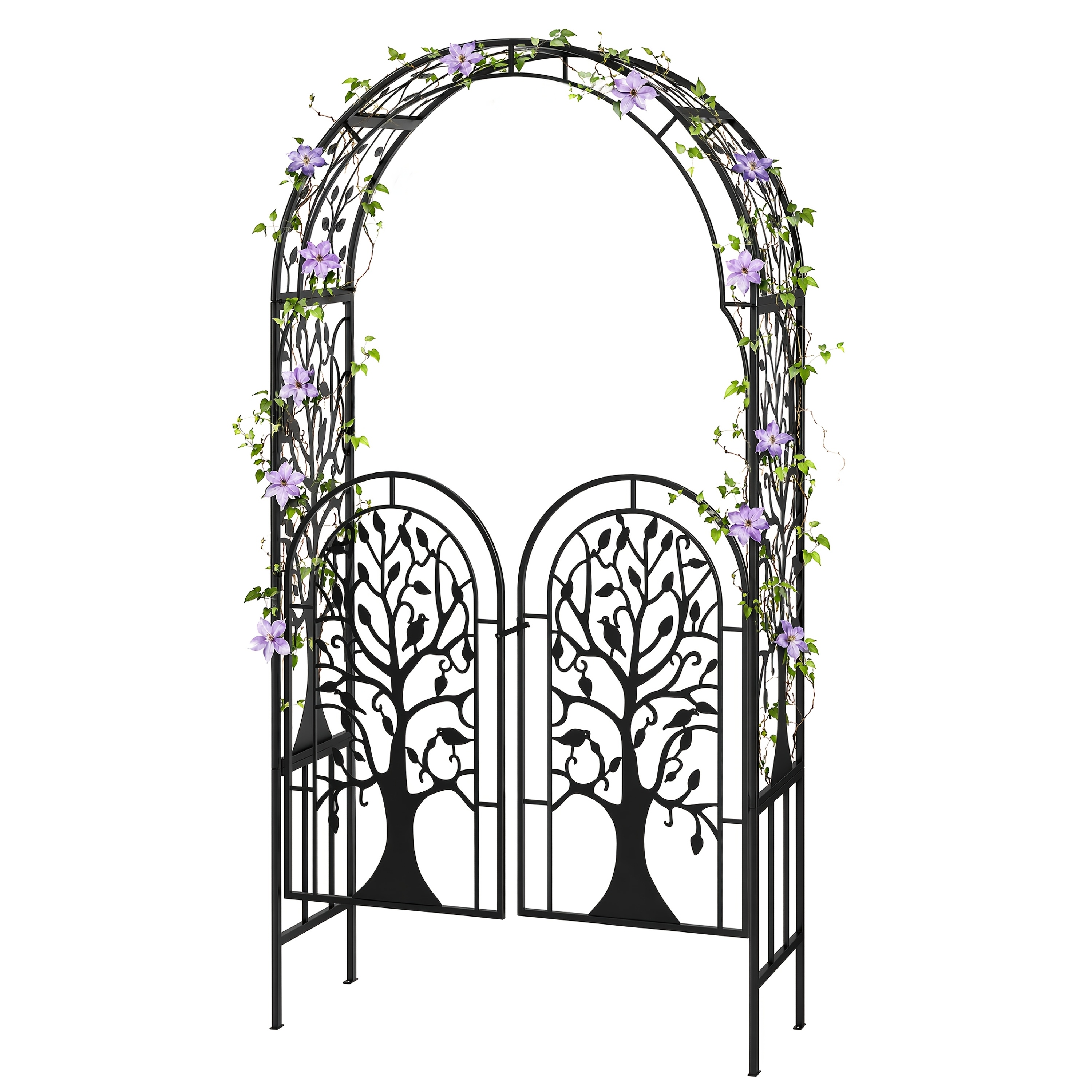 Image of Black Metal Garden Arch With Double Gates, 213cm Rust-resistant Iron Trellis, Tree And For Climbing Plants And Weddings