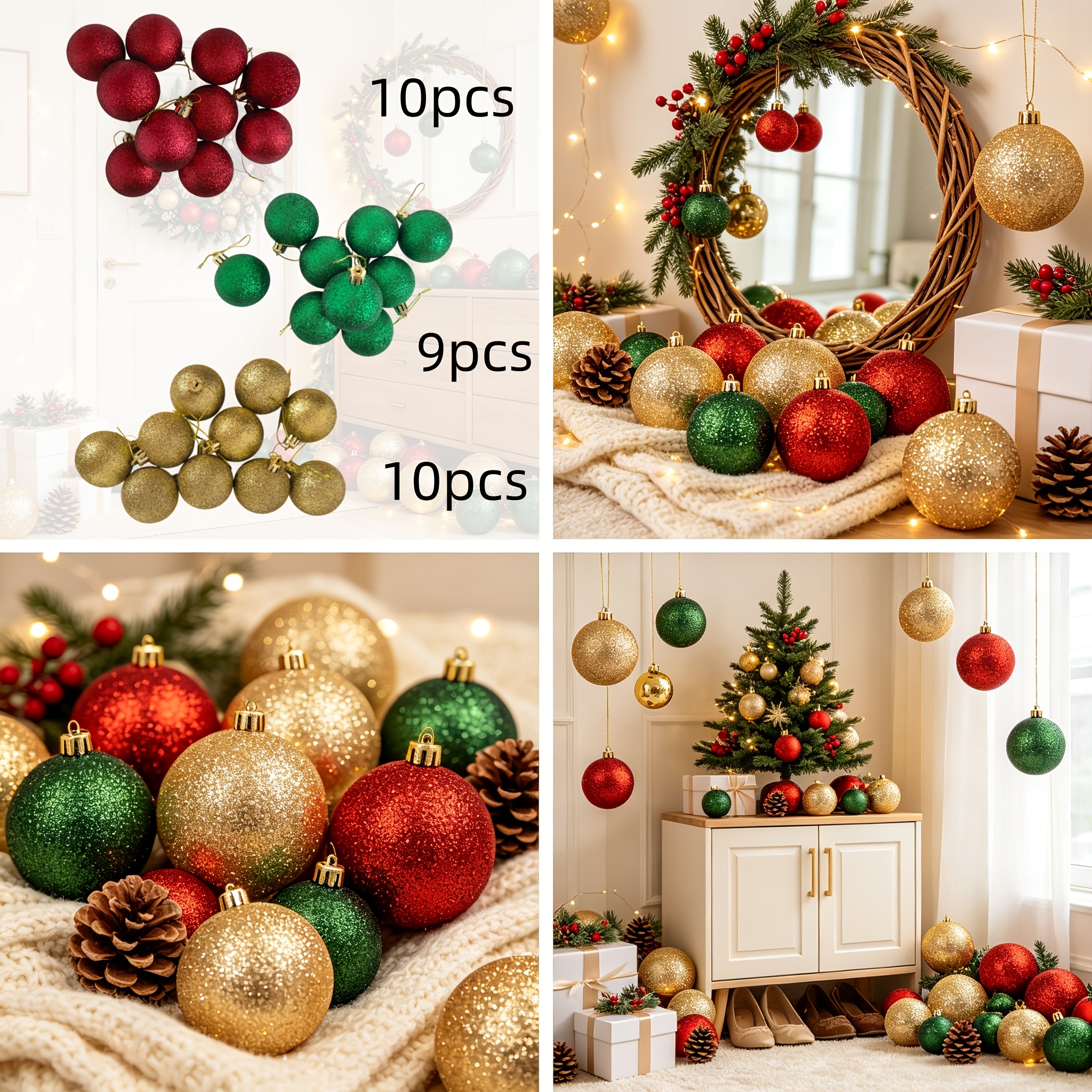 TEMU 29pcs 5cm Large Christmas Ornaments, Glittery Golden, Red, Green Balls For Holiday Parties, Used For Christmas, Weddings, Thanksgiving Hanging