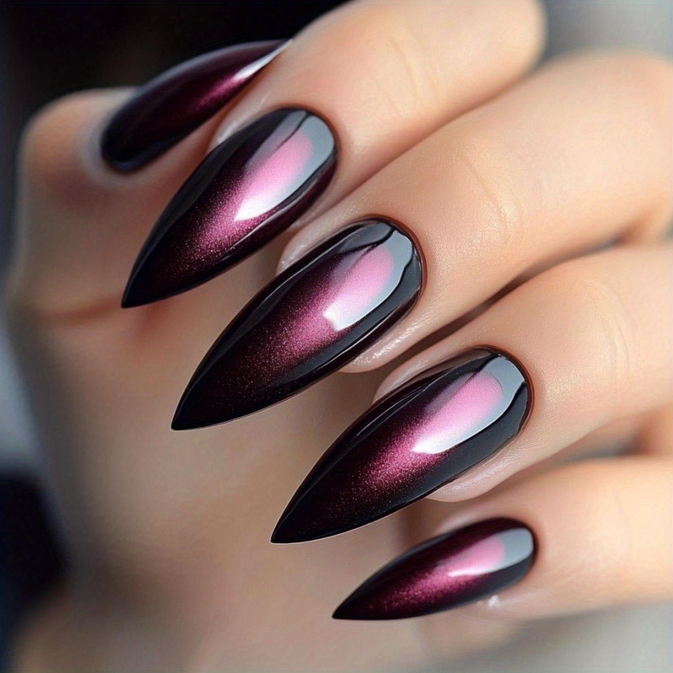 TEMU 24pcs Of Chinese Almond Fake Nails, Purple Cat Eye Wearing Nail Design, Glitter Detachable Fake Nails
