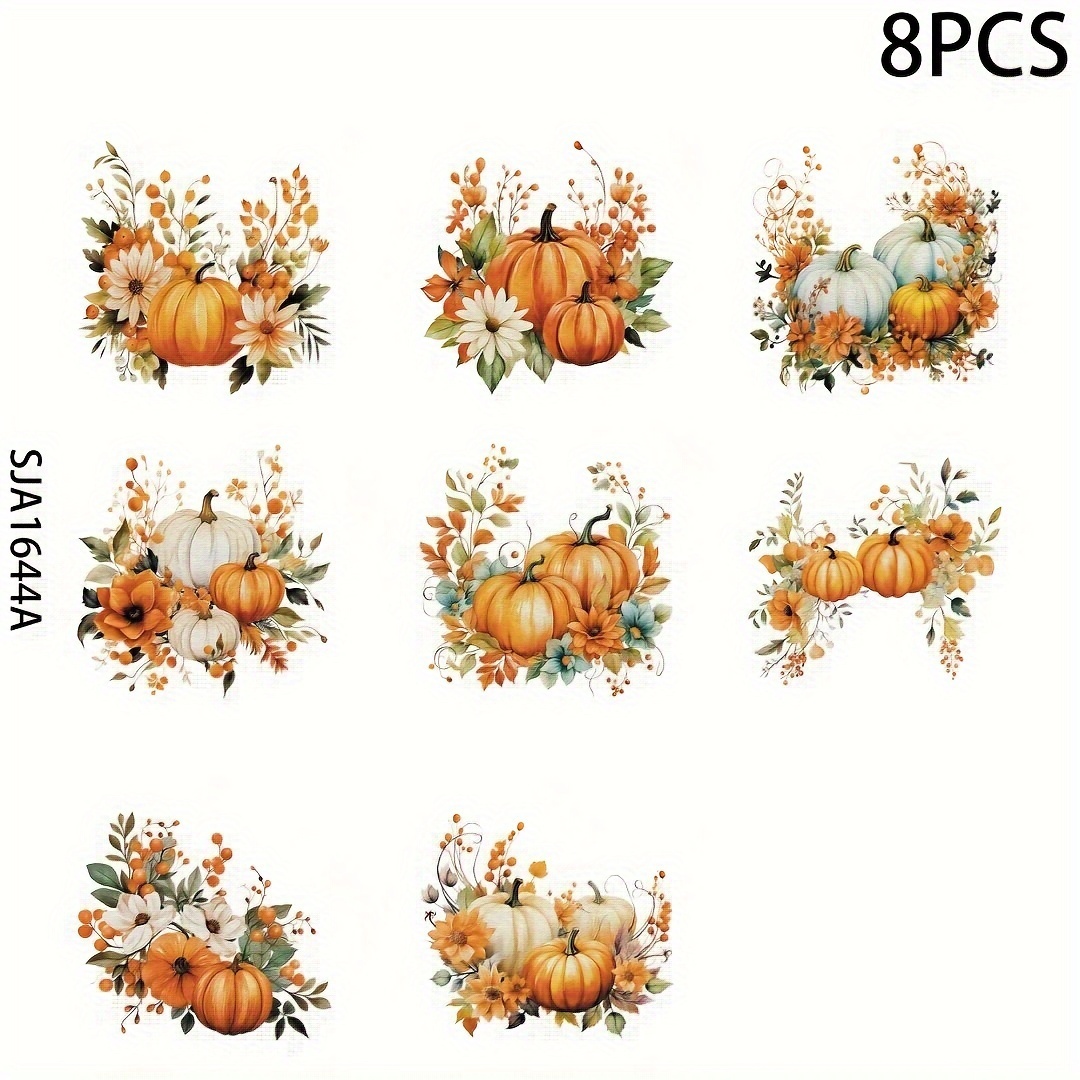 

8-piece Autumn Pumpkin & Floral Self-adhesive Transfer Stickers For 16oz Glass Bottles - Diy Crystal Labels, Sparkle Finish, Easy Apply Decals