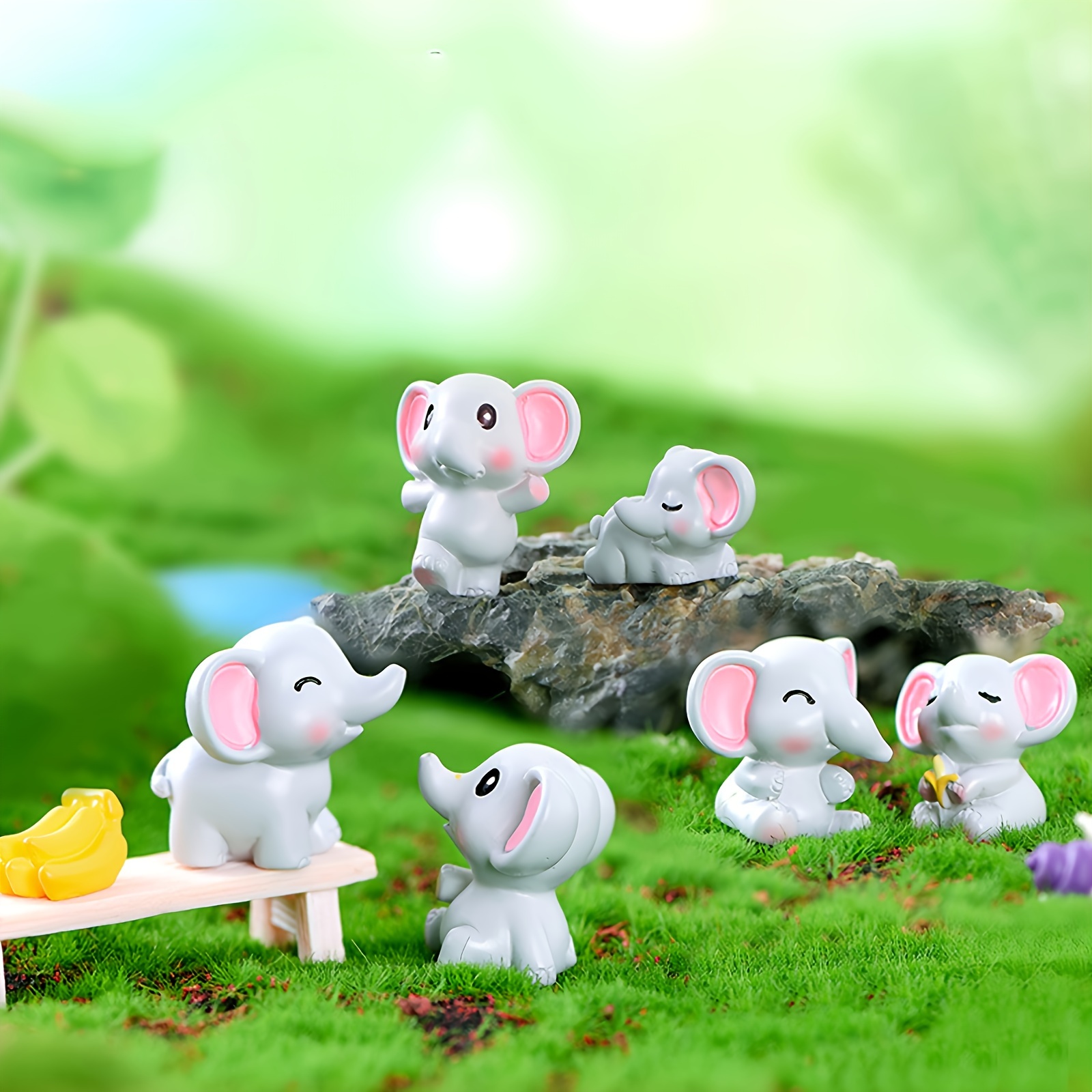 

7pcs Lovely Elephant Figure Animal Toys Set, Cake Topper, Including 6pcs Elephants And 1pc Banana, Fairy Garden Miniature Elephant Figurines Collection Playset, Micro Landscape Decor