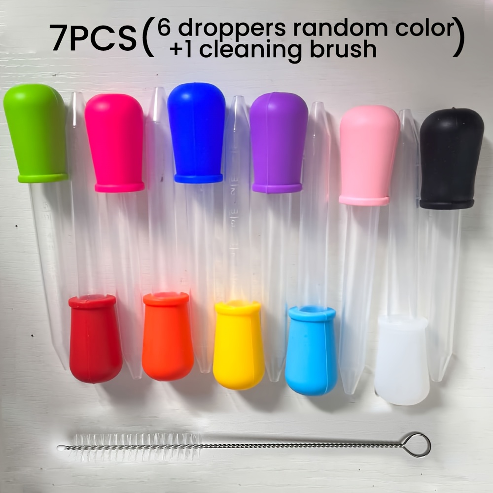 Image of 7 Pack: 6 Droppers (random Colors) And 1 Cleaning Brush. Squeeze Transfer Pipettes, Ideal For Measuring And Transferring Liquids In . And Easy To Clean