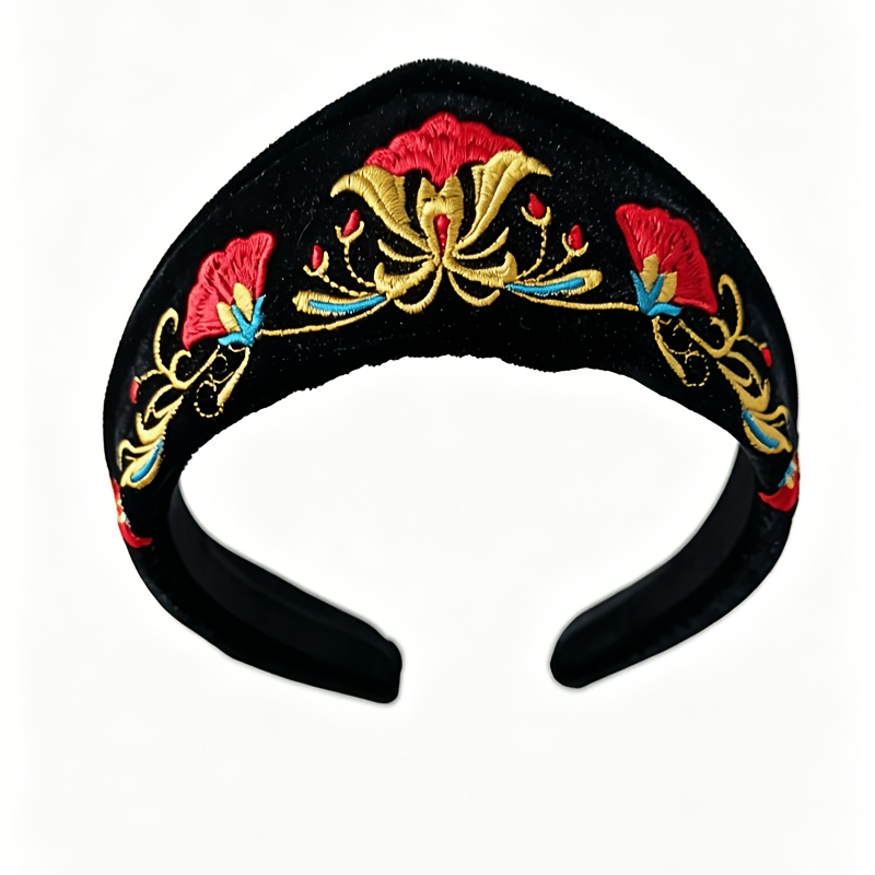 TEMU Vintage Floral Embroidered Wide Headband For Women Ethnic Folk Flower Embroidery Hair Hoop Retro Elastic Hair Additions
