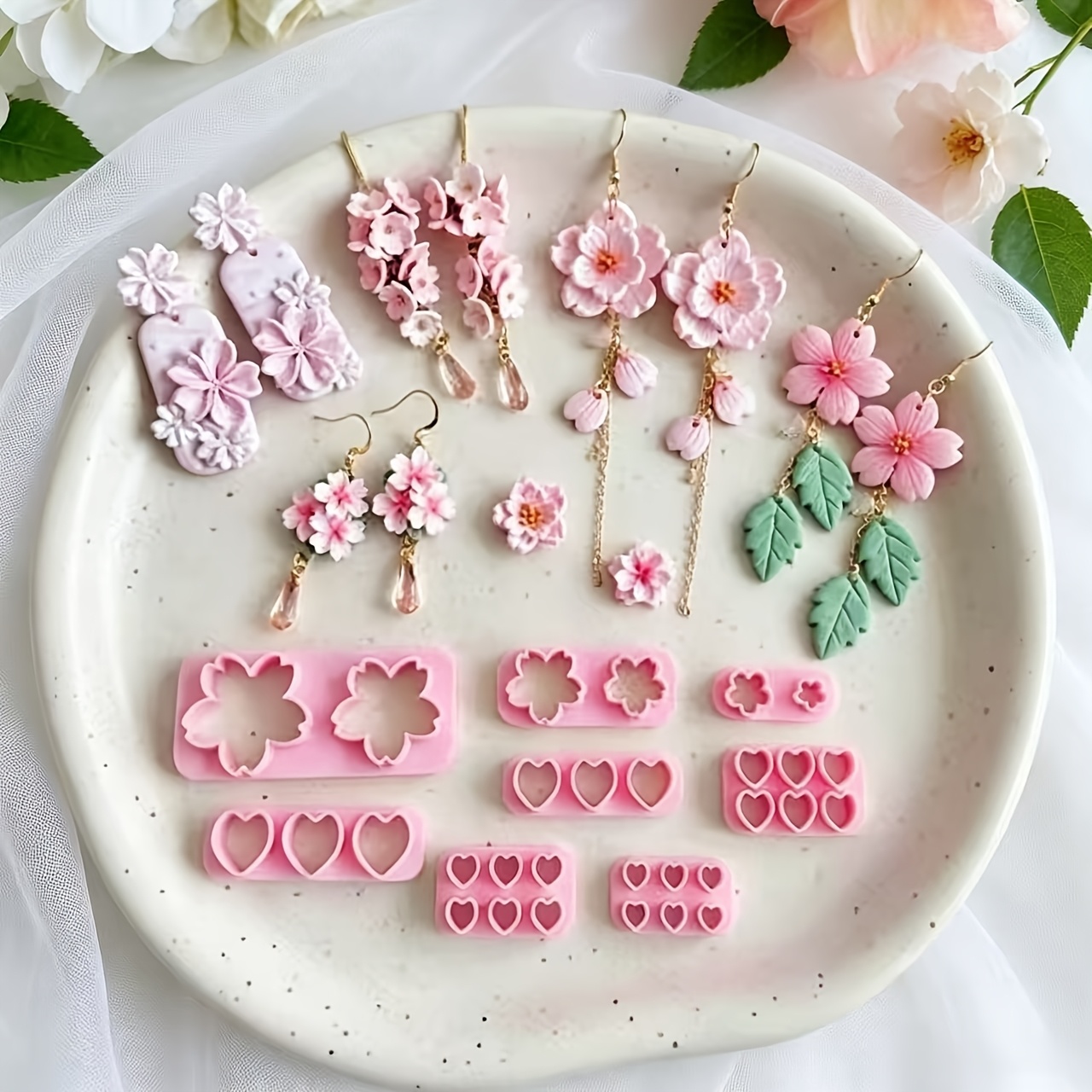 TEMU Cherry Polymer Clay Cutter With Mini Flower & Heart Shapes Suitable For Diy Bohemian Jewelry Making, Spring Crafts, Earring Bead - Plastic Craft