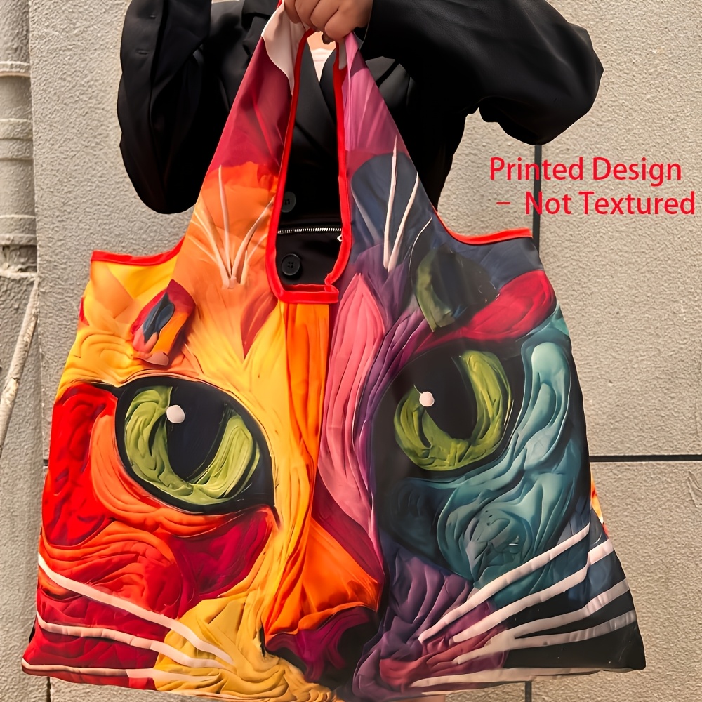 Image of Printed Design - Not Textured Large Capacity Memory Fabric Large Cat Head Portable Shopping Bag Lightweight Foldable Shopping Bag Shoulder Hand Large Tote Bag