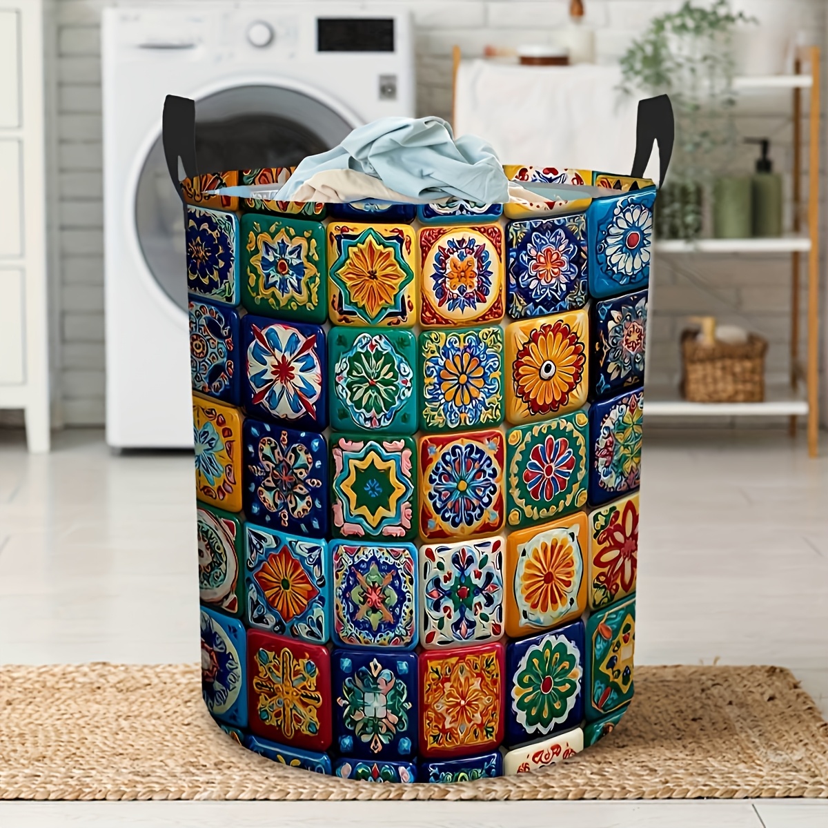 TEMU 1pc Vintage Moroccan Tile Pattern Laundry Basket - Foldable Clothes Hamper With Sturdy Handles, Space- Circular Storage Bin For Bathroom,