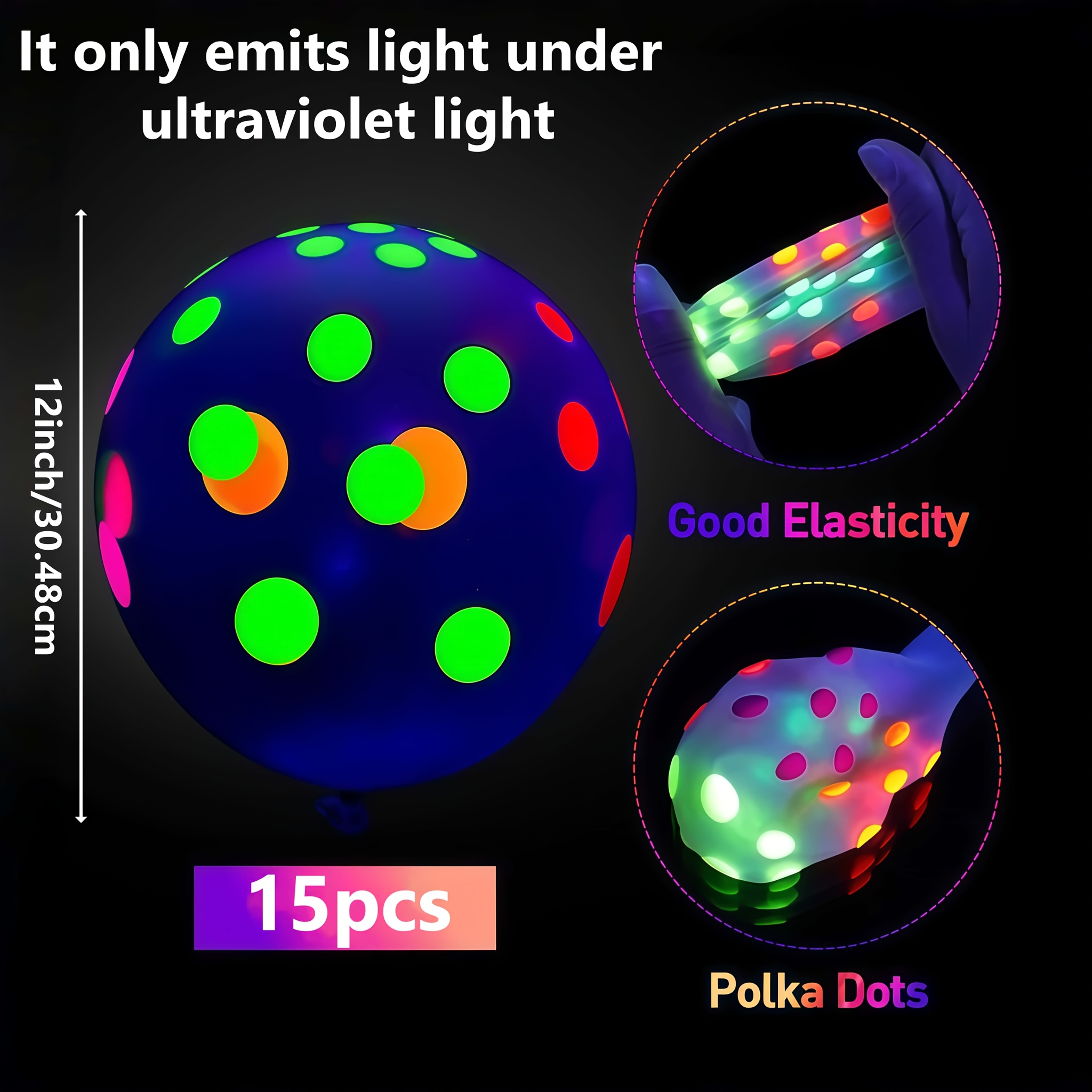 TEMU 15 Large-sized Uv-sensitive Neon Polka Dot Balloons, Black Light Glow Latex Balloons, For Neon Parties, Birthdays, Halloween, And