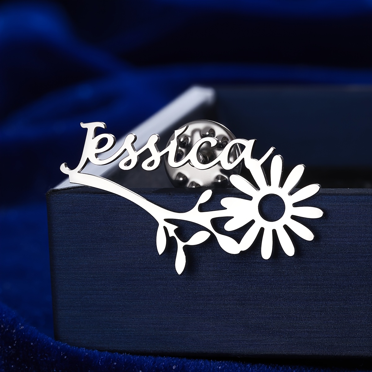 TEMU Custom Daisy Branch Cursive Name Brooch, Personalized Engraved Script Lapel Pin, Silvery Stainless Steel Floral Clothing Badge