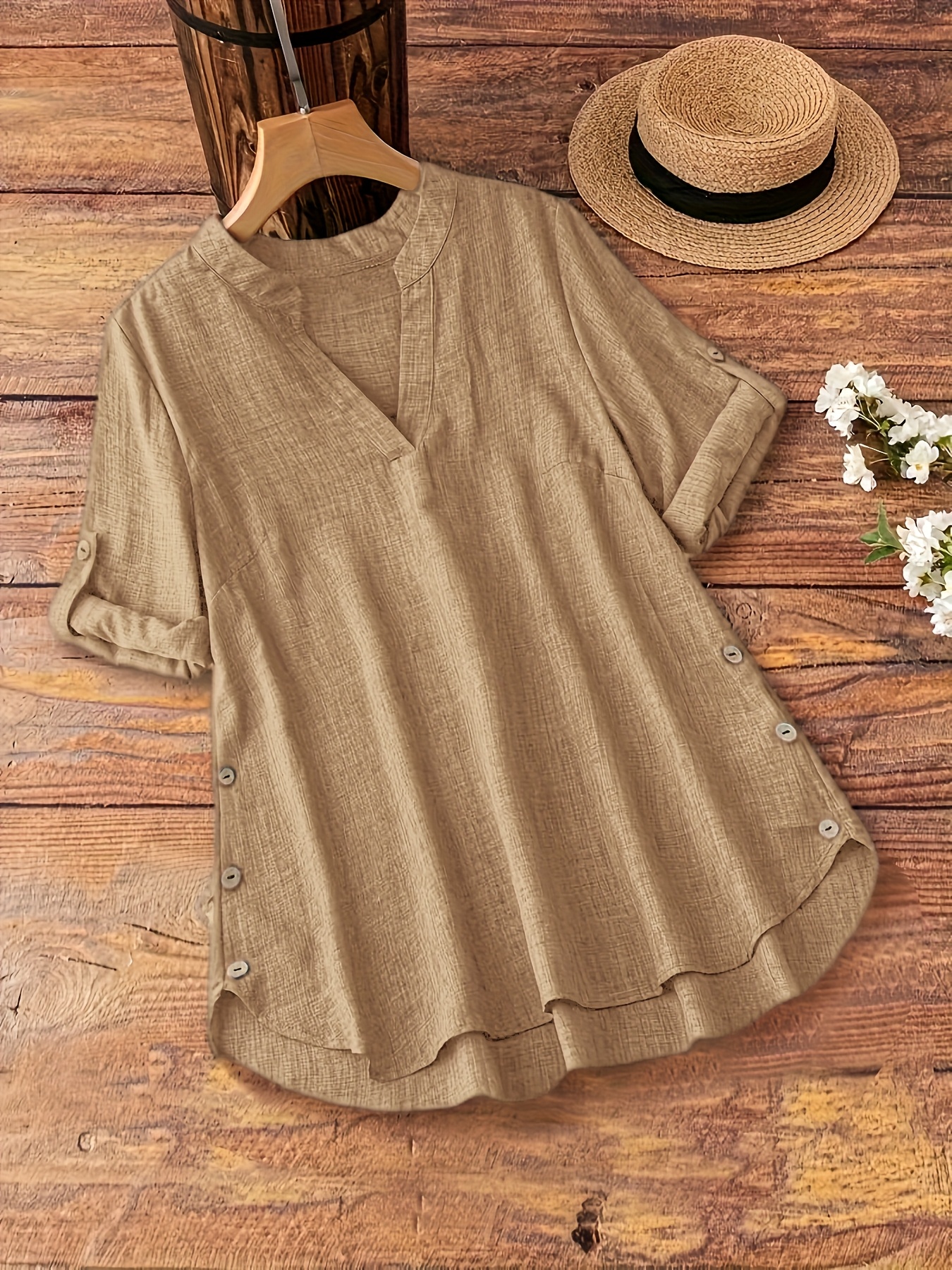 Plus Size Women's New Shirt in Minimalist Style with V-Neck and Long Sleeves, Faux Button Design