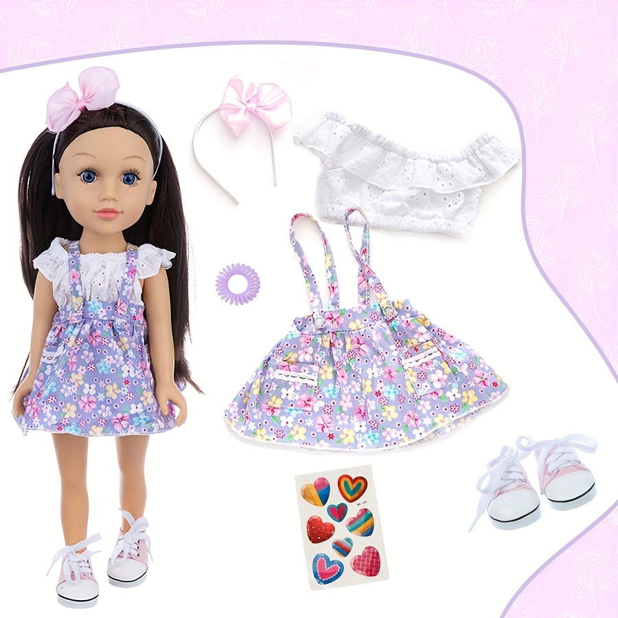 Juguete de muñeca de 18 pulgadas/45,7 cm con cabello largo con blusa  falda floral rosa, liga de cabello, pegatinas, zap