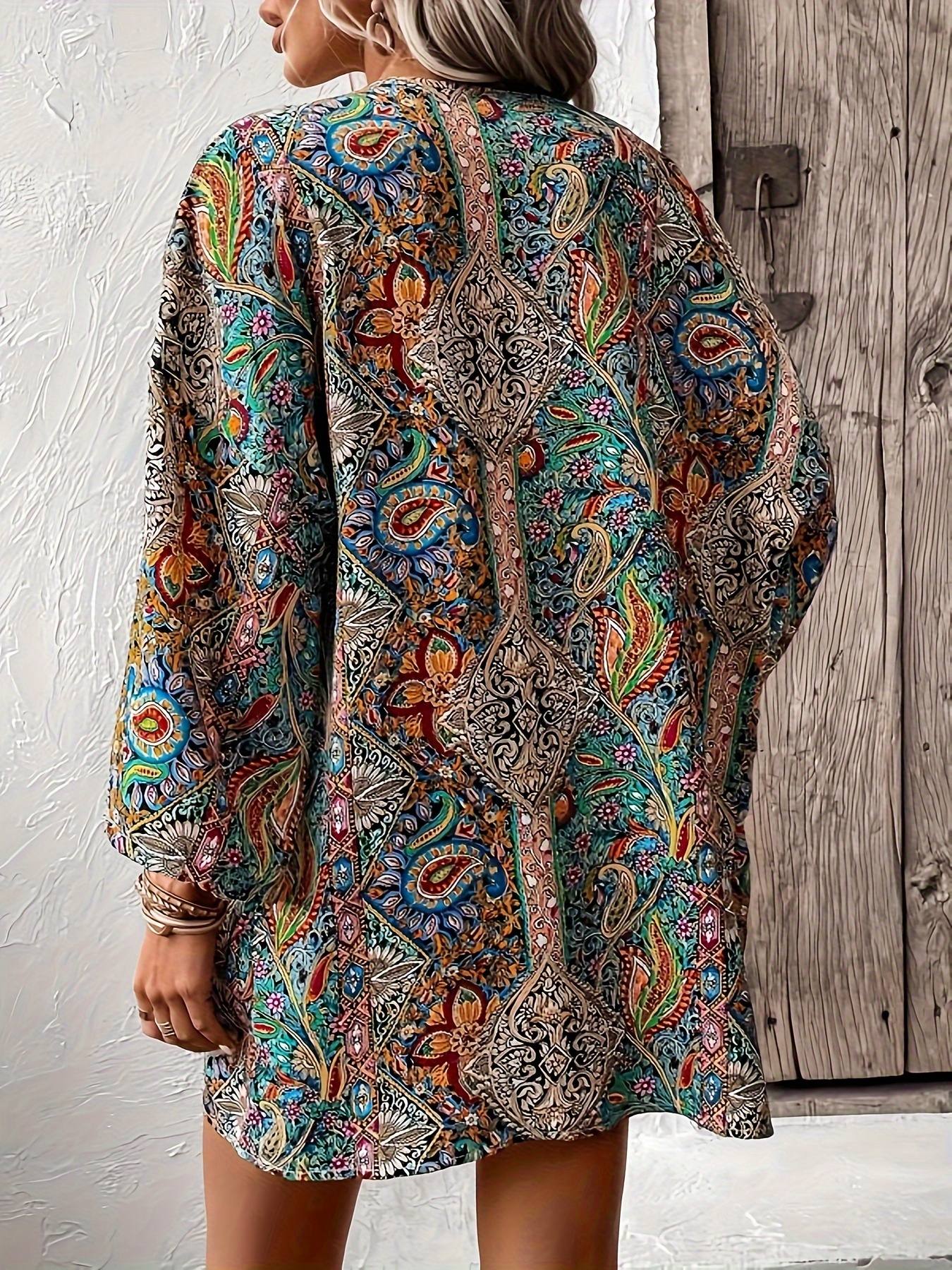 Floral Print Açık Ön Tunikler, Rahat Uzun Kollu Dış Giyim, Kadın Giyim