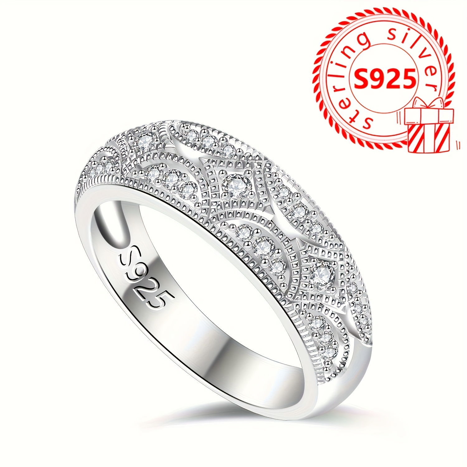 925 Silver Women's Ring with Cubic Zirconia Inlay Band