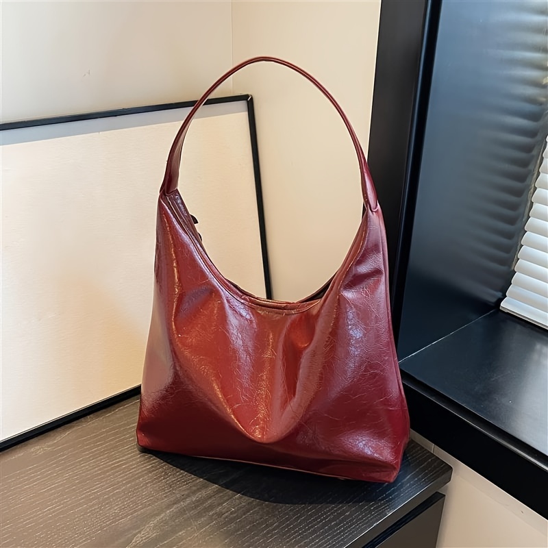 

Women's Elegant Commuter Shoulder Bag - Classic Solid Color, Faux Leather, Retro Design, Magnetic Closure, Water-resistant With Polyester , Edge Painted, From Guangzhou - Adzuki Bean