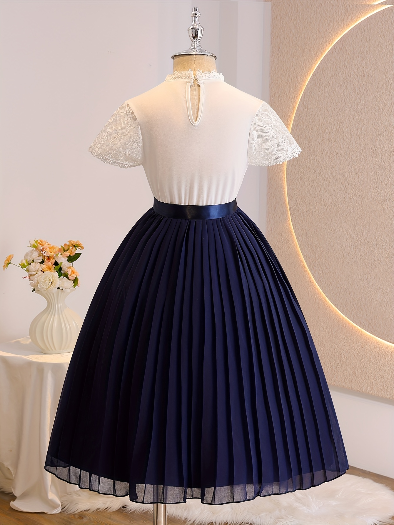 versatile lace waist ribbon academy style navy blue midi - Temu 