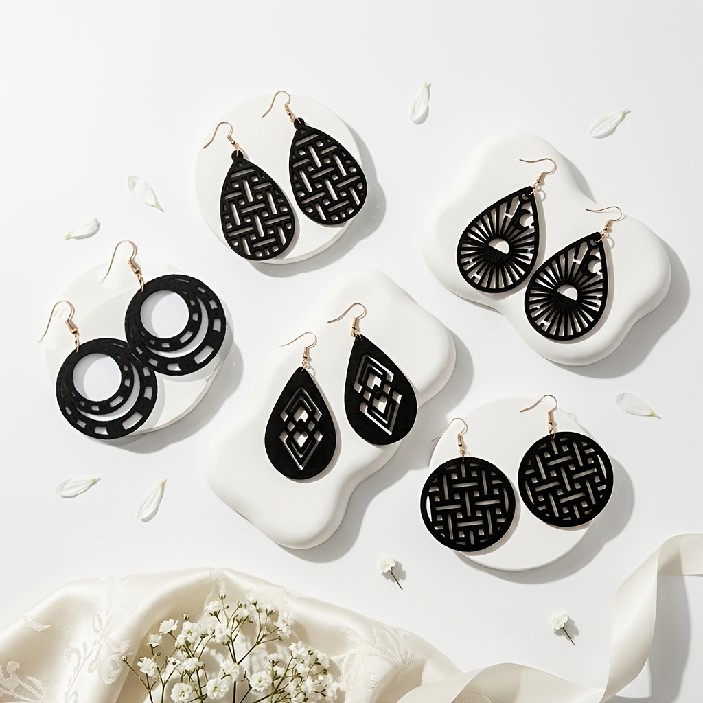 5-Pair Vintage Black Wooden Drop Earrings Set