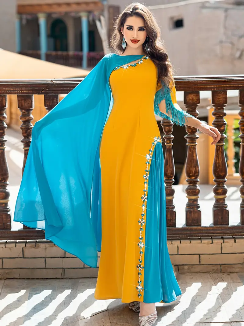 fashionable chiffon color block cape dress contrast piping - Temu fashionable chiffon color block cape dress contrast piping - Temu