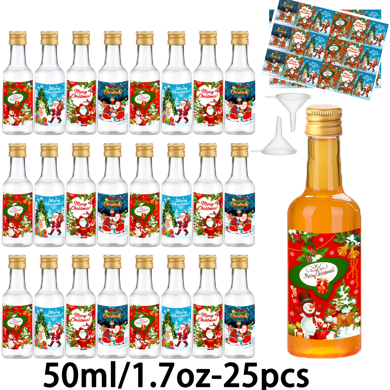 Image of A Set Of 25 Mini Liquor Bottles, Each Weighing 0.85oz Or 1.7oz, Along With Empty Plastic Glasses With Christmas Stickers And 2 Funnels