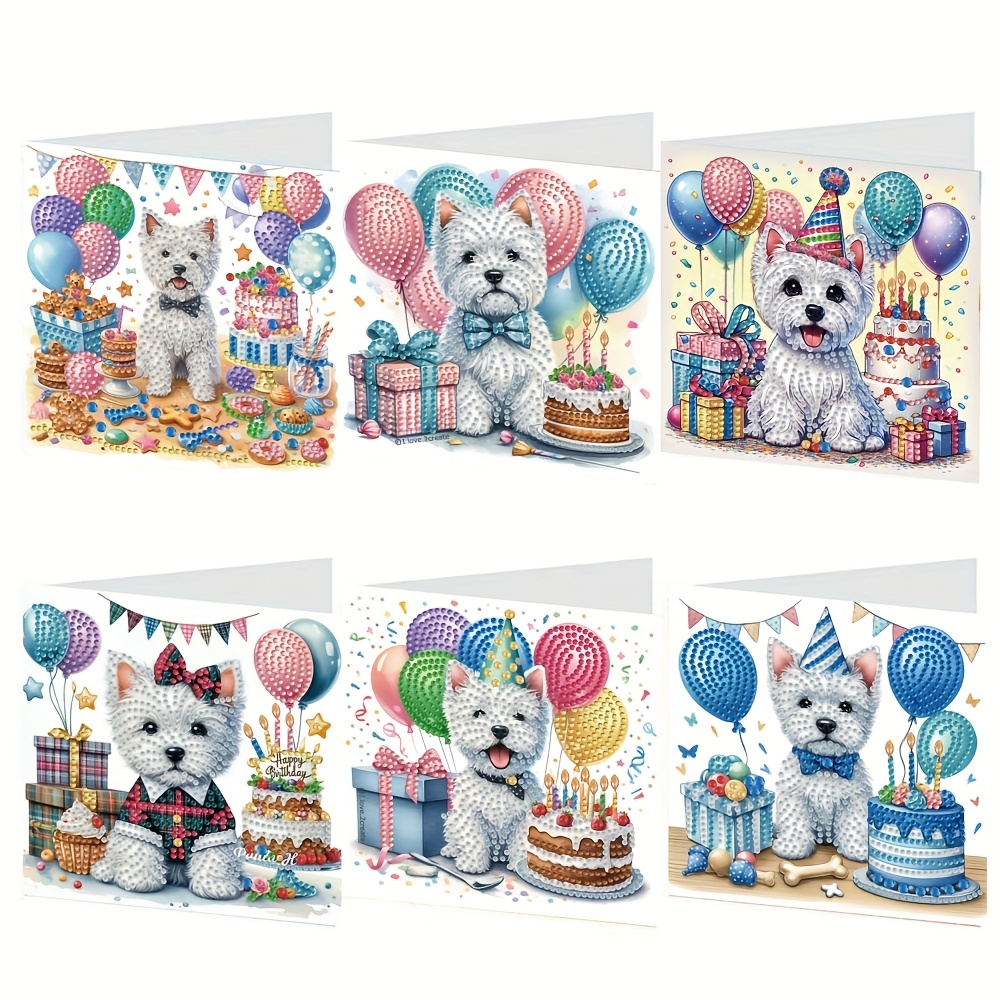 TEMU 6pcs Set 5d Diy Diamond Painting Greeting Cards - Unique And Adorable Puppy Animal Design, Suitable For Birthdays, Christmas, Mother's Day, And