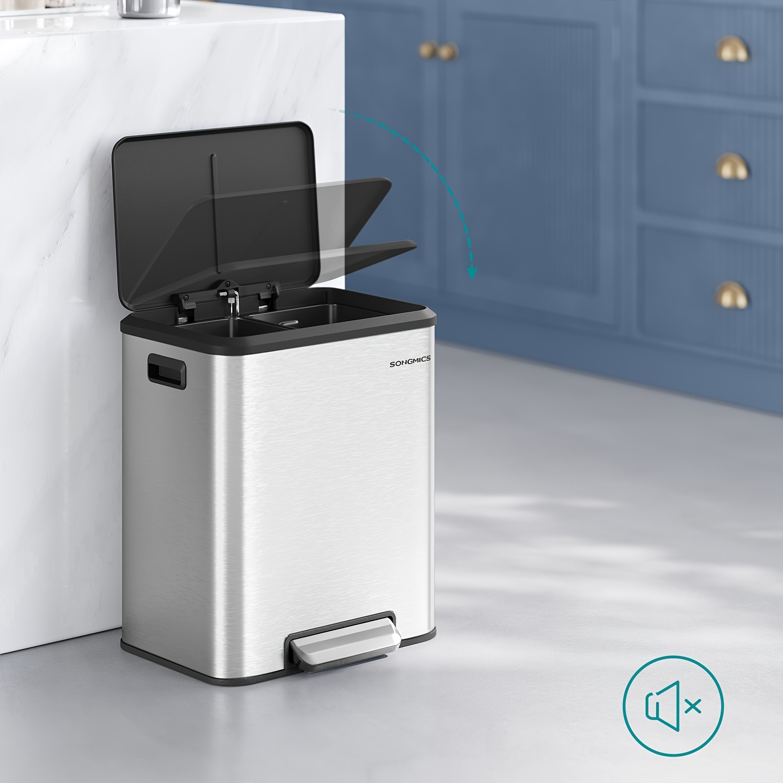 TEMU Kitchen Trash Can, Waste X 15 L, 2 Compartments For Recycling And Waste, Waste Bin Inner Bucket, Steel, Lid, Wide, Pedal