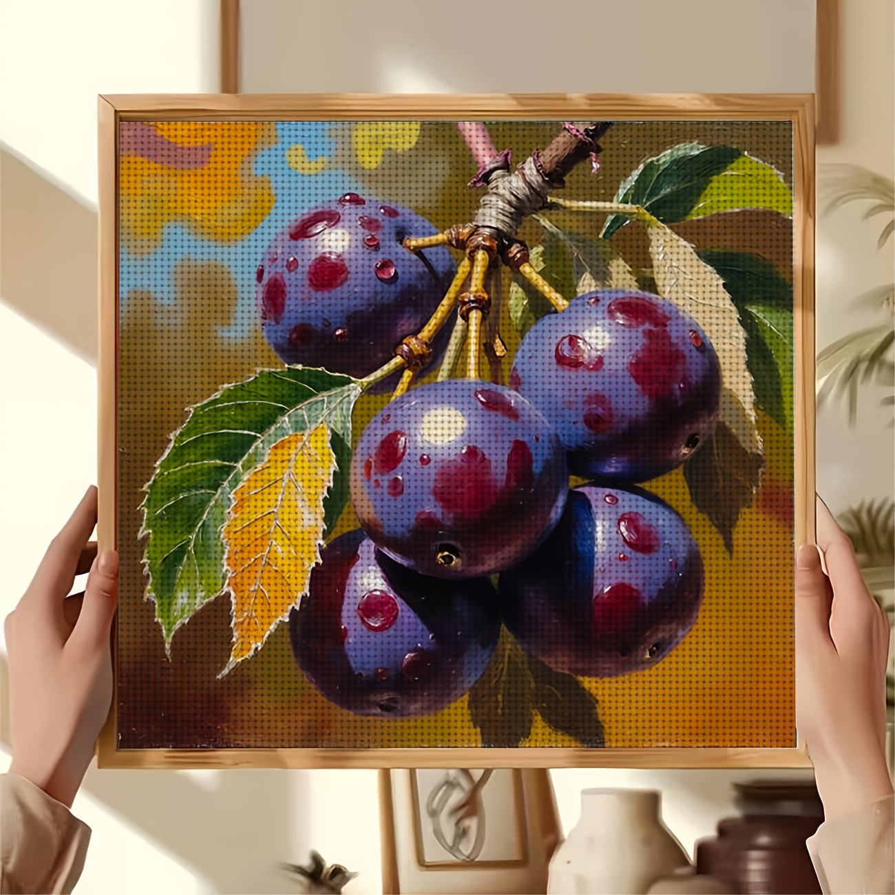 DIY Cross-stitch Printed Kit, Unframed Purple Plum Design